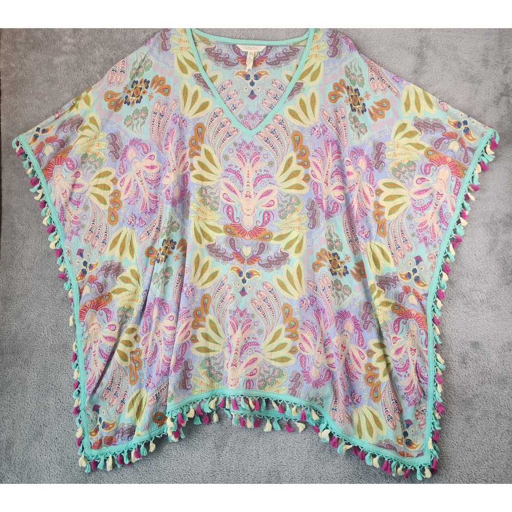 Matilda Jane Swim Cover Up Womens Large Blue Paisley Tassel Fringe Poncho